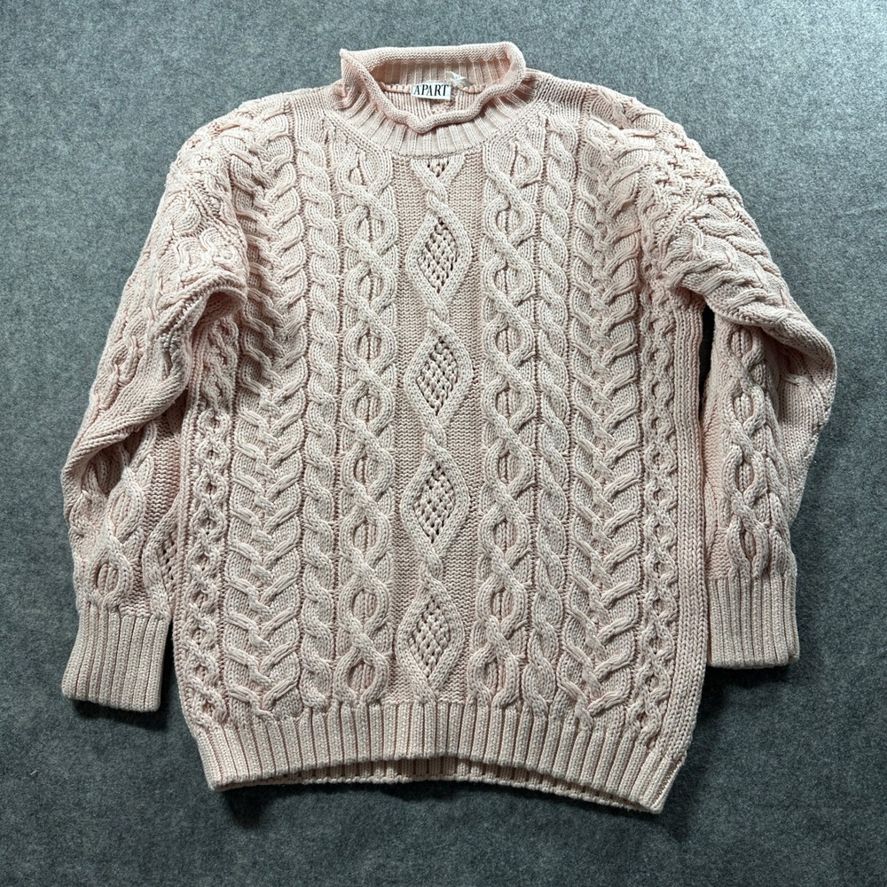 APART Cable Knit Sweater Women S/M Pink Mock‎ Neck Chunky Long Sleeve Pullover